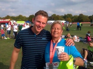 Karen, with her personal trainer Rob Clapham, after the Robin Hood Marathon