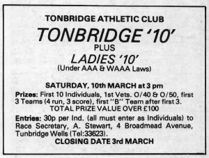 Advertisement for the Tonbridge 10 road race in 1979