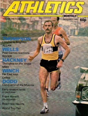 Front cover of Athletics Monthly November 1980 showing Ian Thompson in a race