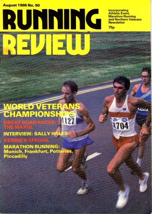 Front cover of Running Review August 1985 runners in the World Veterans 25km