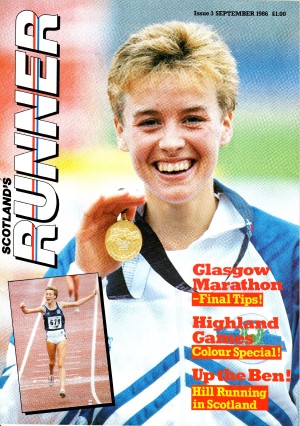 Cover photo of Scotland's Runner September 1986 showing Yvonne Murray holding up a gold medal
