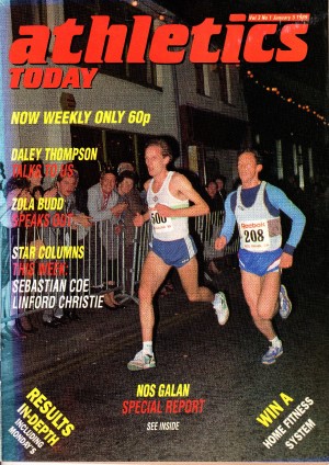 Cover of Athletics Today 5th January 1989 showing two runners in the Nos Galan road race