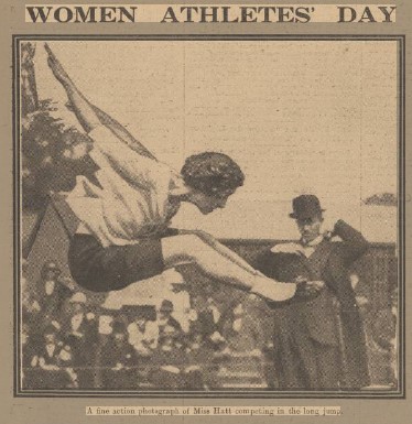 WAAA Championships 1923 - picture of Hilda Hatt competing in the long jump captured in mid-air