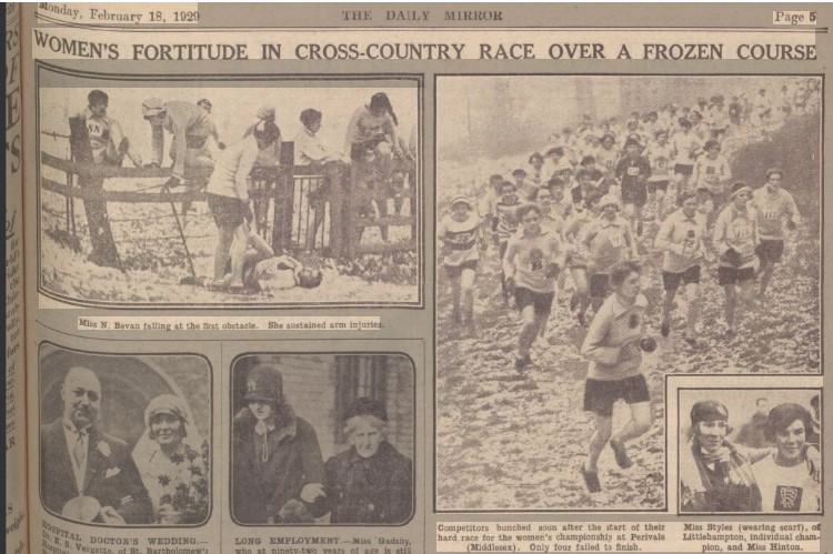 Photographs from Daily Mirror of 1929 WAAA Cross Country Championship one athlete falls when crossing a fence