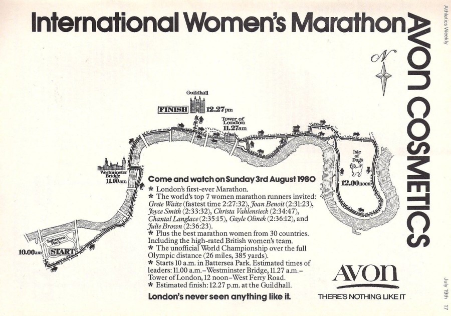 Advertisement for London Avon International Women's Marathon showing the routee starting  course 1980
