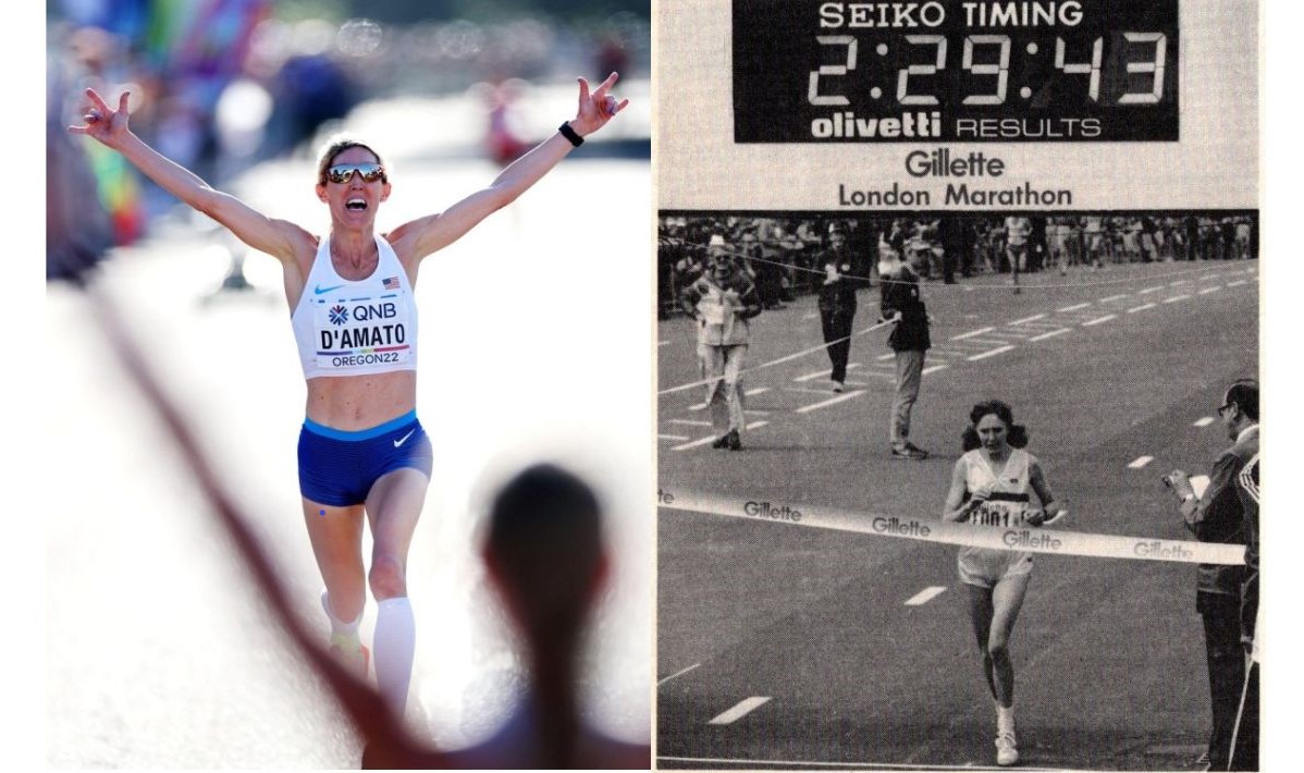 Women's marathon national record holders Keira D'Amato and Joyce Smith approach the finish line in races
