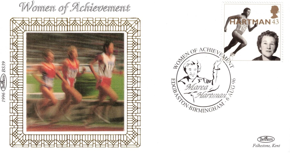 First day cover with image of women running and Marea Hartmann stamp and franking
