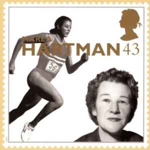 Commemorative stamp featuring a female sprinter and Marea Hartman of the WAAA