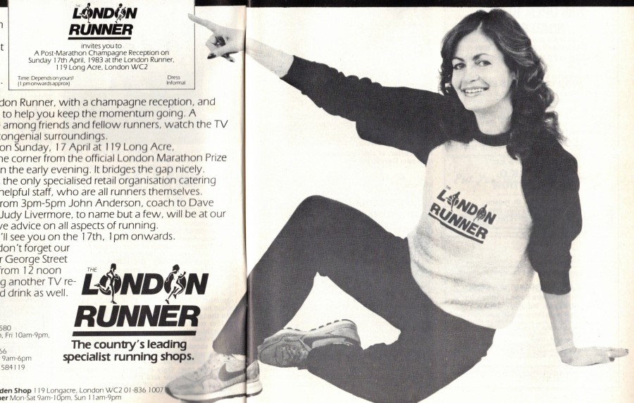 An advertisement for the London Runner shop featuring Leslie Watson marathon runner. She is sitting and pointing with her right hand. She is wearing a dark jogging trousers and a sweatshirt with dark sleeves and a light front featuring the London Runner logo