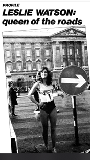 An image of Scottish marathon runner Leslie Watson standing by a street sign in London 