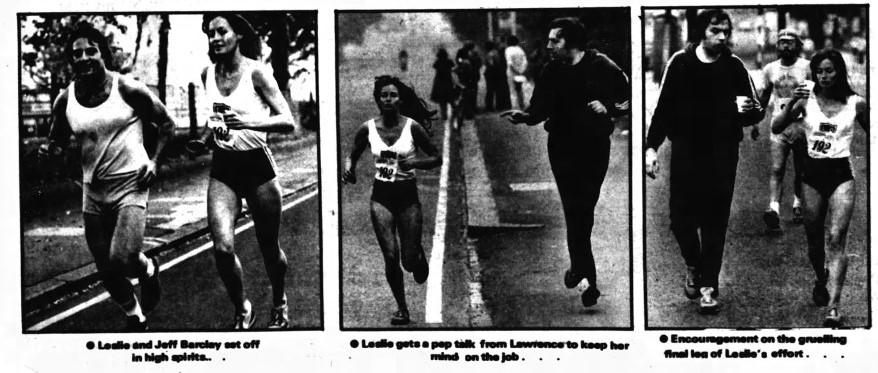 Leslie Watson marathon runner competing in the London to Brighton ultramarathon. 1st picture: Leslie running with a male runner. 2nd picture: Leslie running with Lawrence Brampton running alongside her wearing a black tracksuit. 3rd picture: Lawrence walking to Leslie's left and she has a cup in her hand.