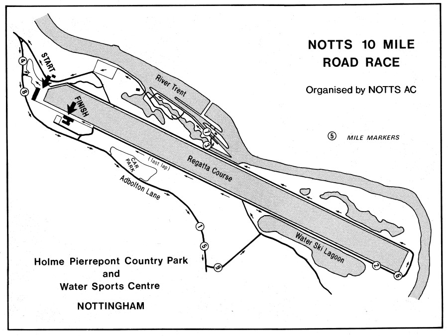 A black and white map of the course for the Notts 10 mile road race with mile markers