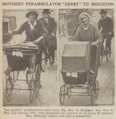 A news paper clipping with photos of two contestants in the Mothers' Marathon in 1923 shown pushing their babies in their prams. On the left is Lily Charlotte Groom and on the right Ada May Edwards.