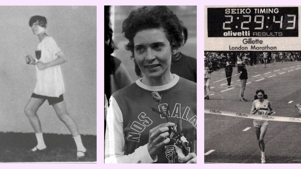 Photos of three women who all set the British women's marathon record. First in in a racing pose, sideways on but looking at the camera. Second is a head and shoulders shot of a woman with short dark hair, holding a rose. Third is of a woman about to break the winner's tape at the London Marathon.